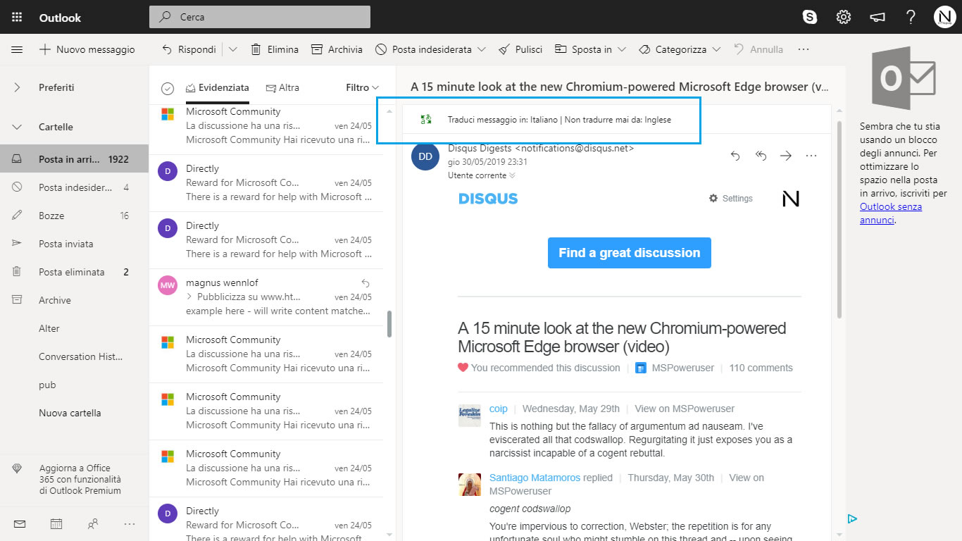 Outlook.com'a yerleşik çeviri desteği geldi