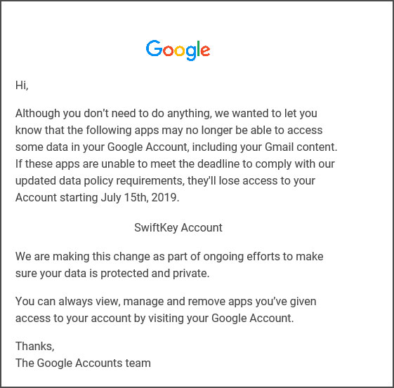 Google önümüzdeki ay SwiftKey uygulamasının Gmail'e erişimini kaldırabilir