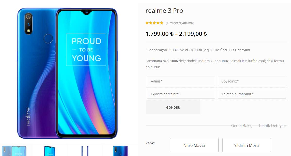 Realme 3 Pro Türkiye fiyatı