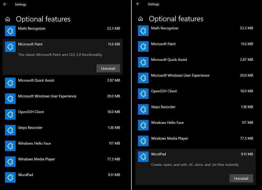 Paint ve WordPad, Windows 10'da isteğe bağlı özellik haline geliyor