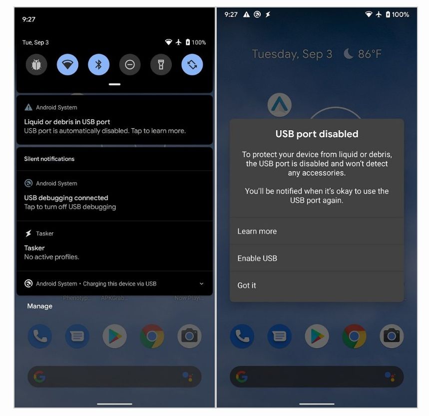 Android 10, telefonunuzun USB portu kirlendiğinde veya aşırı ısındığında uyaracak