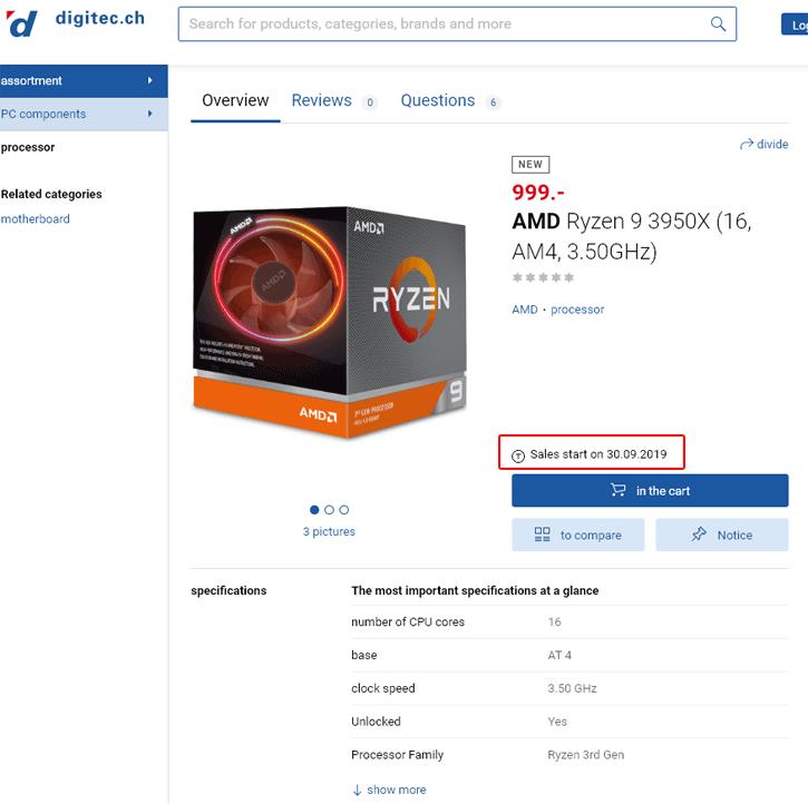 AMD Ryzen 9 3950X çevrimiçi bir satıcıda ortaya çıktı