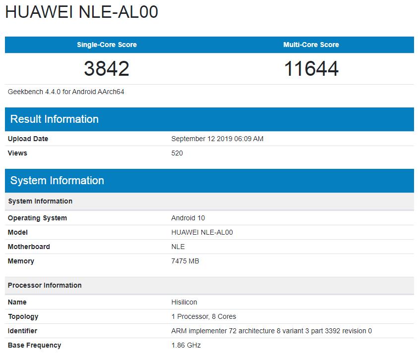 Huawei'nin Kirin 990'lı yeni telefonu Geekbench'te ortaya çıktı