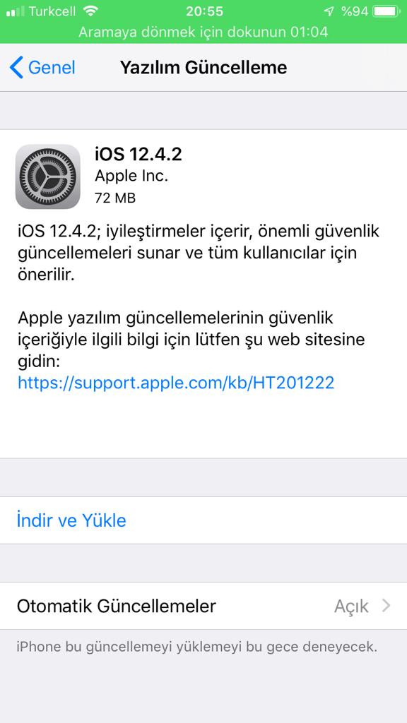 iOS 12.4.2 güncellemesi
