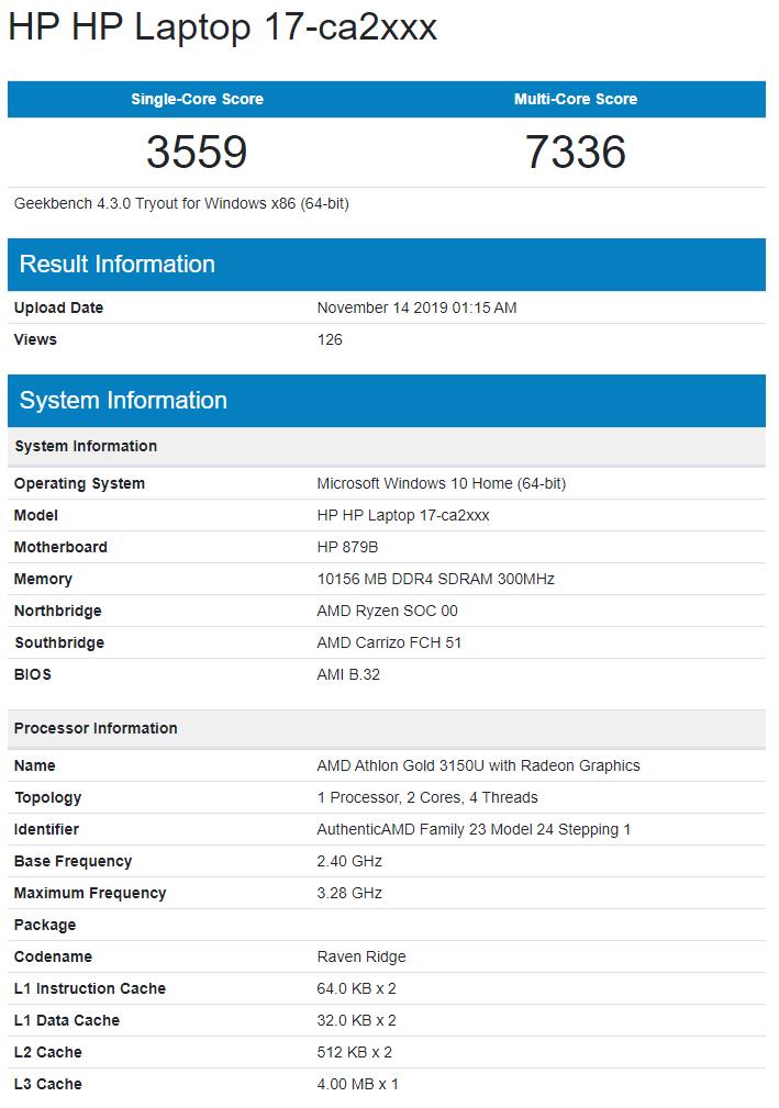 AMD Athlon Gold 3150U çift çekirdekli işlemci GeekBench’te göründü