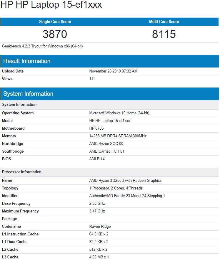 AMD Ryzen 3 3250U benchmark testinde ortaya çıktı