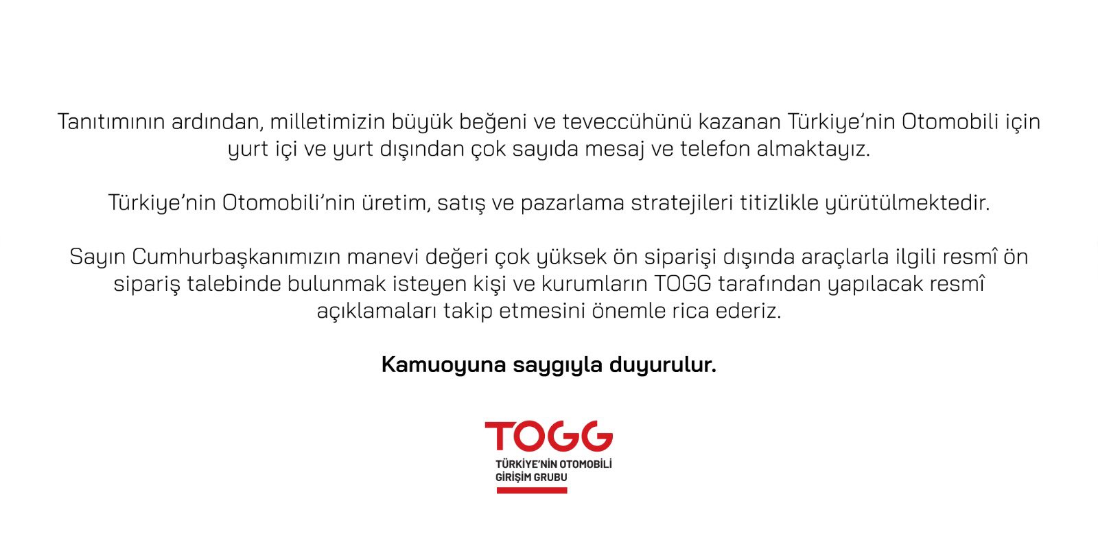 TOGG'dan yerli otomobille ilgili ön sipariş açıklaması