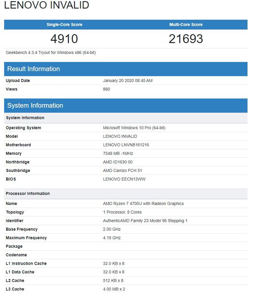 Ryzen 7 4800U Geekbench testine tabi tutuldu