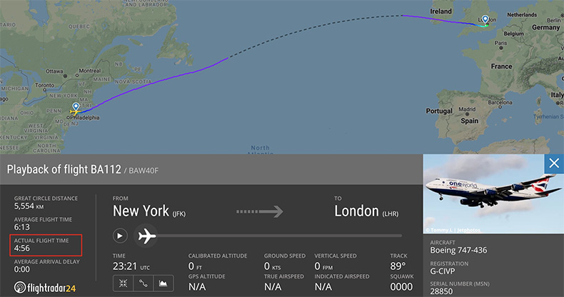 British Airways'e ait bir Boeing 747, fırtına sayesinde transatlantik uçuş rekoru kırdı