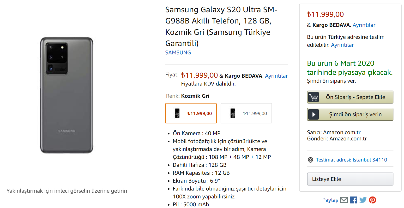 Samsung Galaxy S20 serisi Amazon'da ön siparişe sunuldu