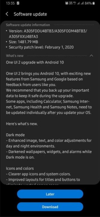 Samsung Galaxy A30, Android 10 ve One UI 2.0 güncellemesi aldı