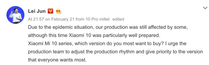 Xiaomi CEO'su Lei Jun, Koronavirüs salgınının Mi 10 üretimini etkilediğini açıkladı