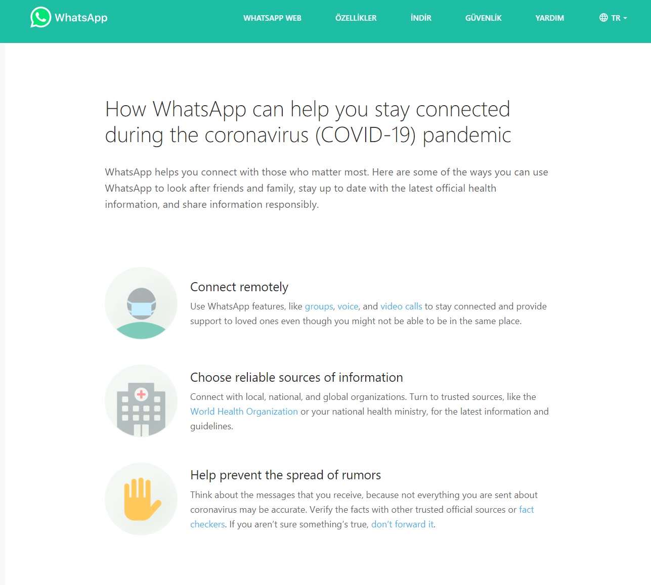 WhatsApp özel bir koronavirüs sayfası hazırladı