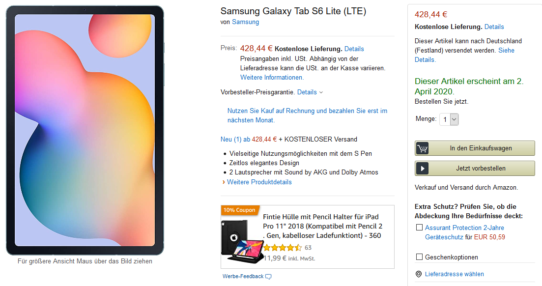 Henüz piyasaya sürülmeyen Galaxy Tab S6 Lite, Amazon'da listelendi