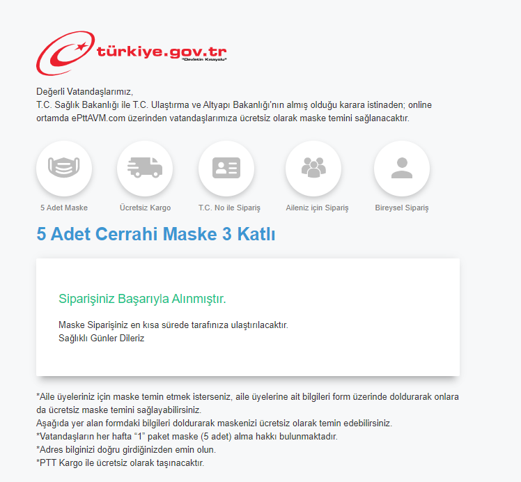 E-Devlet’ten ücretsiz maske siparişi başladı