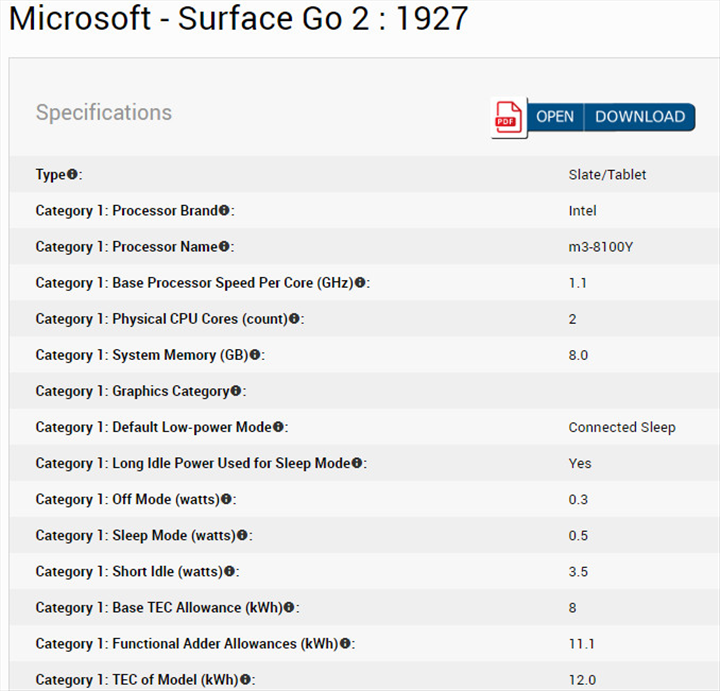 Surface Go 2 özellikleri Energy Star sertifikasında ortaya çıktı