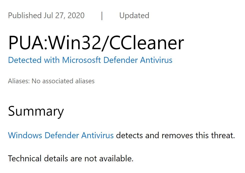 CCleaner Windows Defender tarafından istenmiyor