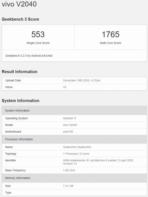 Vivo V20 (2021), Snapdragon 675 ile Geekbench'te görüldü