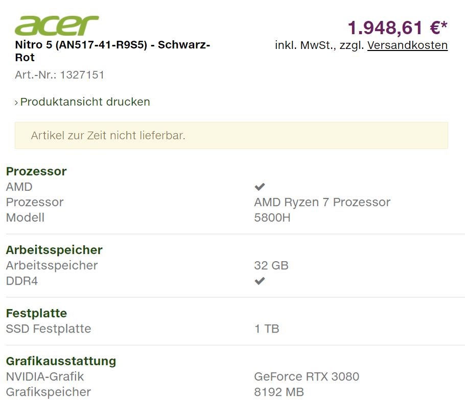 Ryzen 7 5800H ve RTX 3080’li Acer oyuncu dizüstüsü fiyatı sızdı