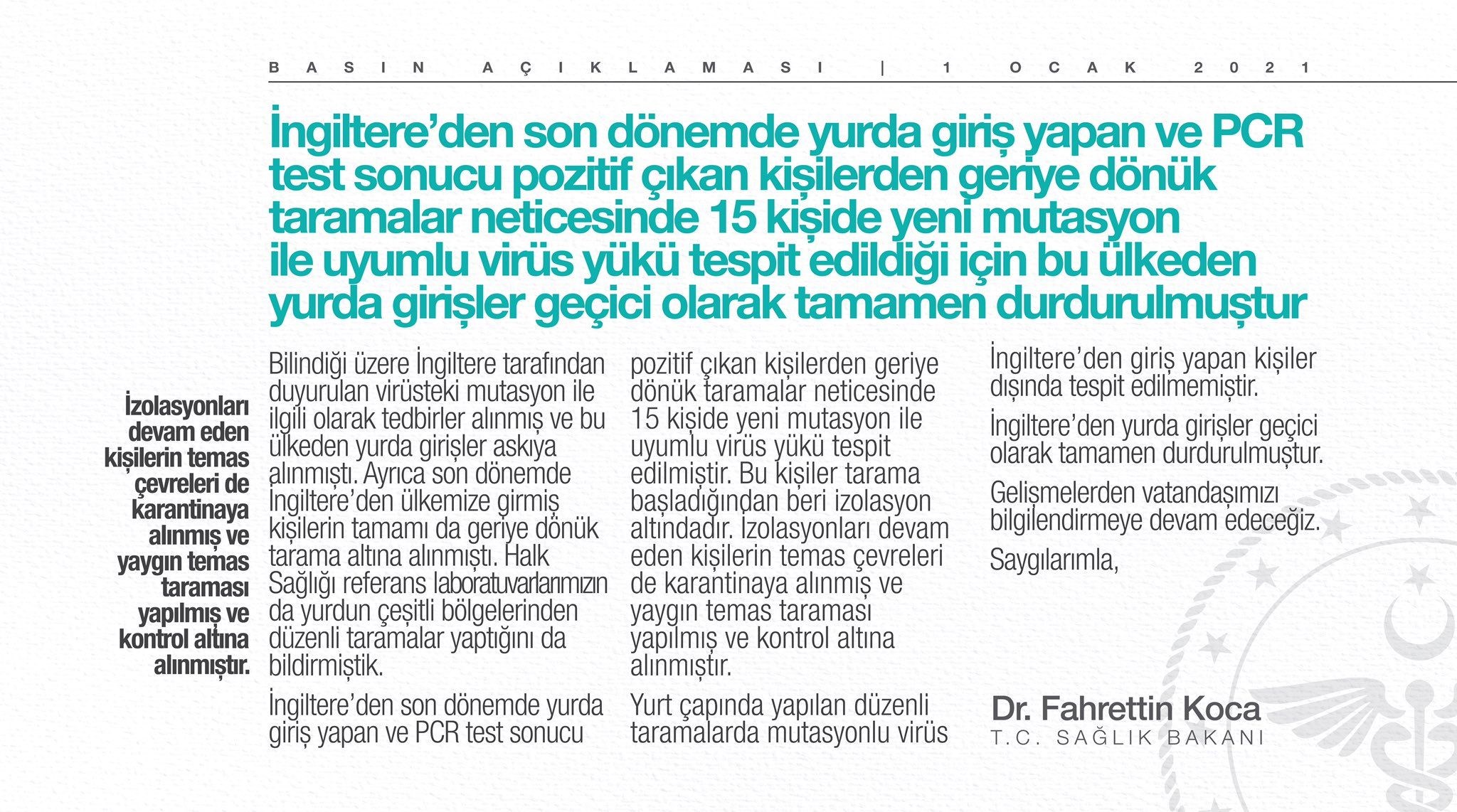 Sağlık Bakanı Fahrettin Koca 15 kişide mutasyonlu virüs görüldüğünü açıkladı