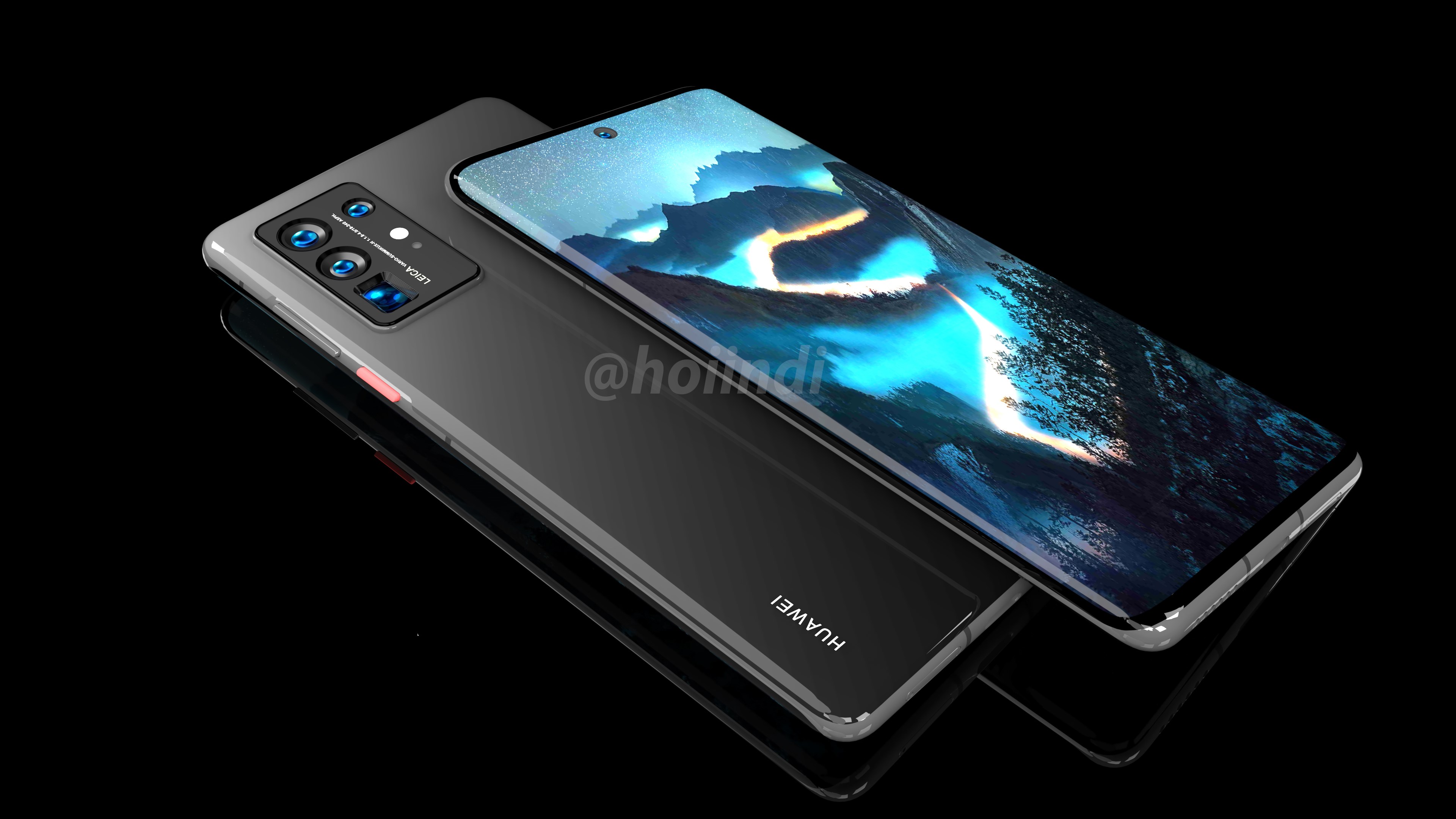 Huawei P50 Pro'nun render görüntüleri şelale tasarım ekranı gösteriyor