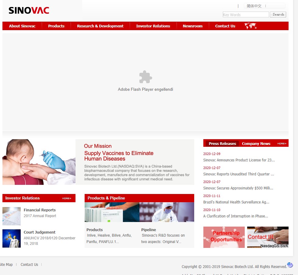 Sinovac'ın web sitesi Türkiye'den erişime açıldı