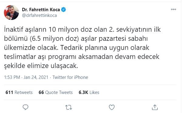 Pazartesi günü aşıların 2. sevkiyatı geliyor ! Süreç sonucunda 50 milyon doz Türkiye'ye gelecek