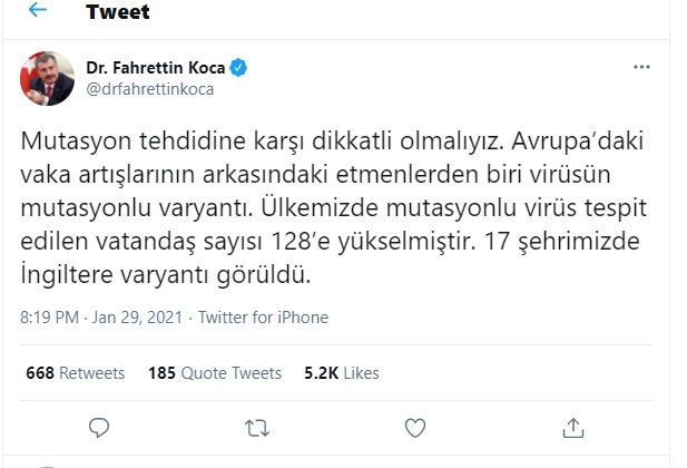 Sağlık Bakanı Koca açıkladı ! Türkiye'de mutasyonlu koronavirüs vaka sayıları açıklandı