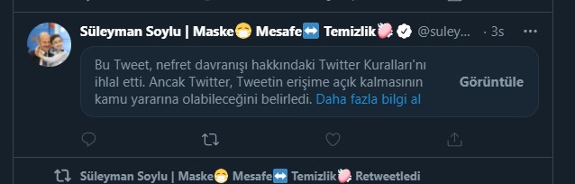 Twitter’dan Süleyman Soylu’nun tweetine kısıtlama