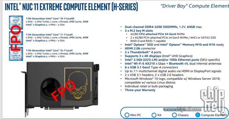 Tiger Lake-H işlemcili Intel NUC 11 Extreme Compute element ortaya çıktı