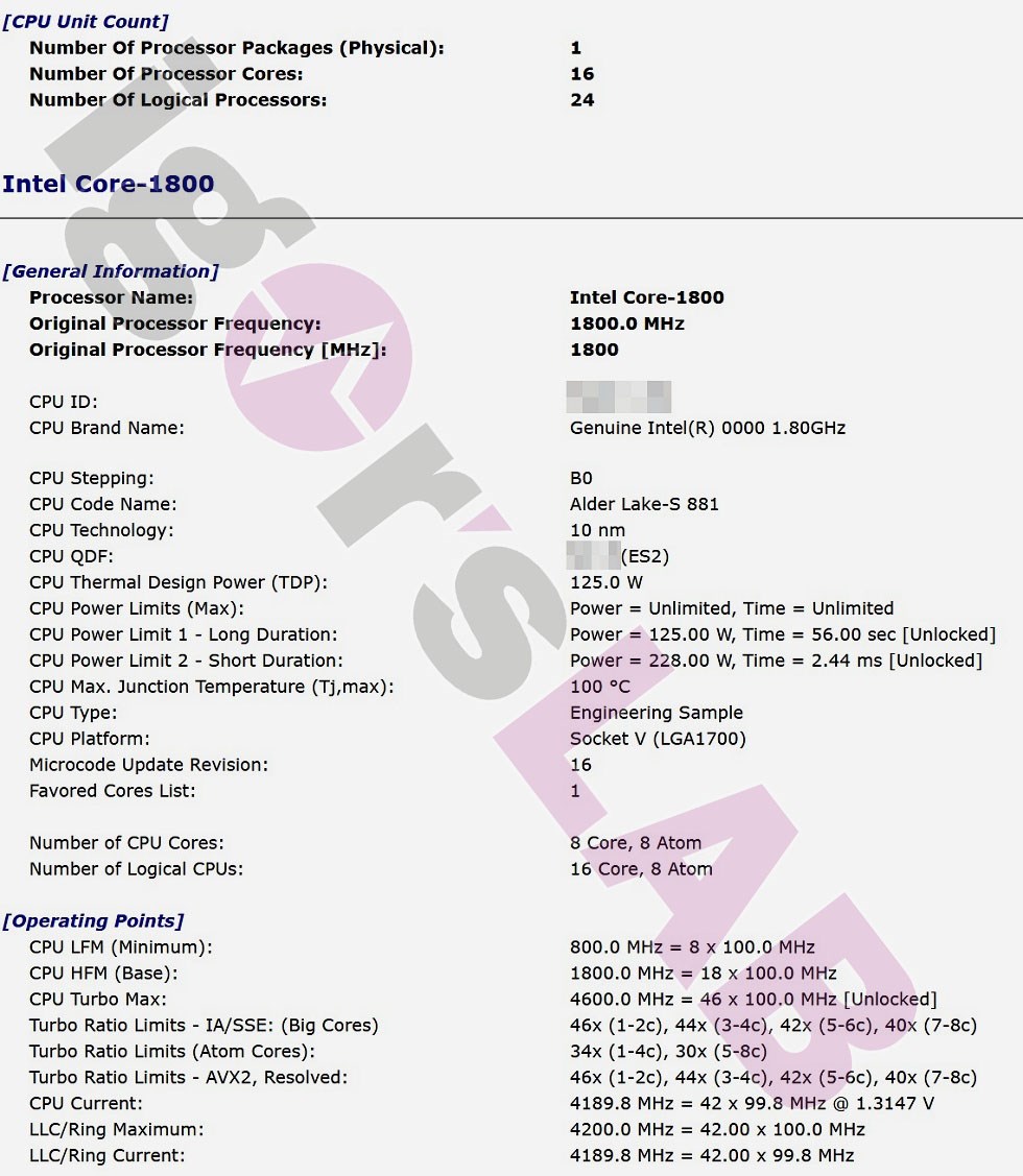 16/24 Alder Lake işlemcisi Intel Core 1800 detaylandı