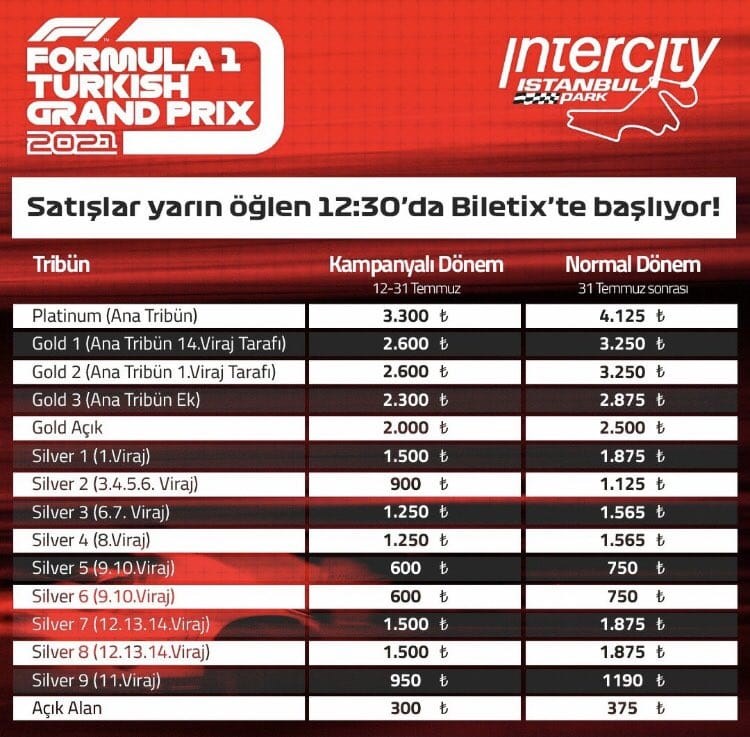 F1 İstanbul bilet fiyatları