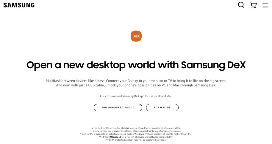 Samsung Dex'in Windows 7 ve macOS uygulamaları için yolun sonu