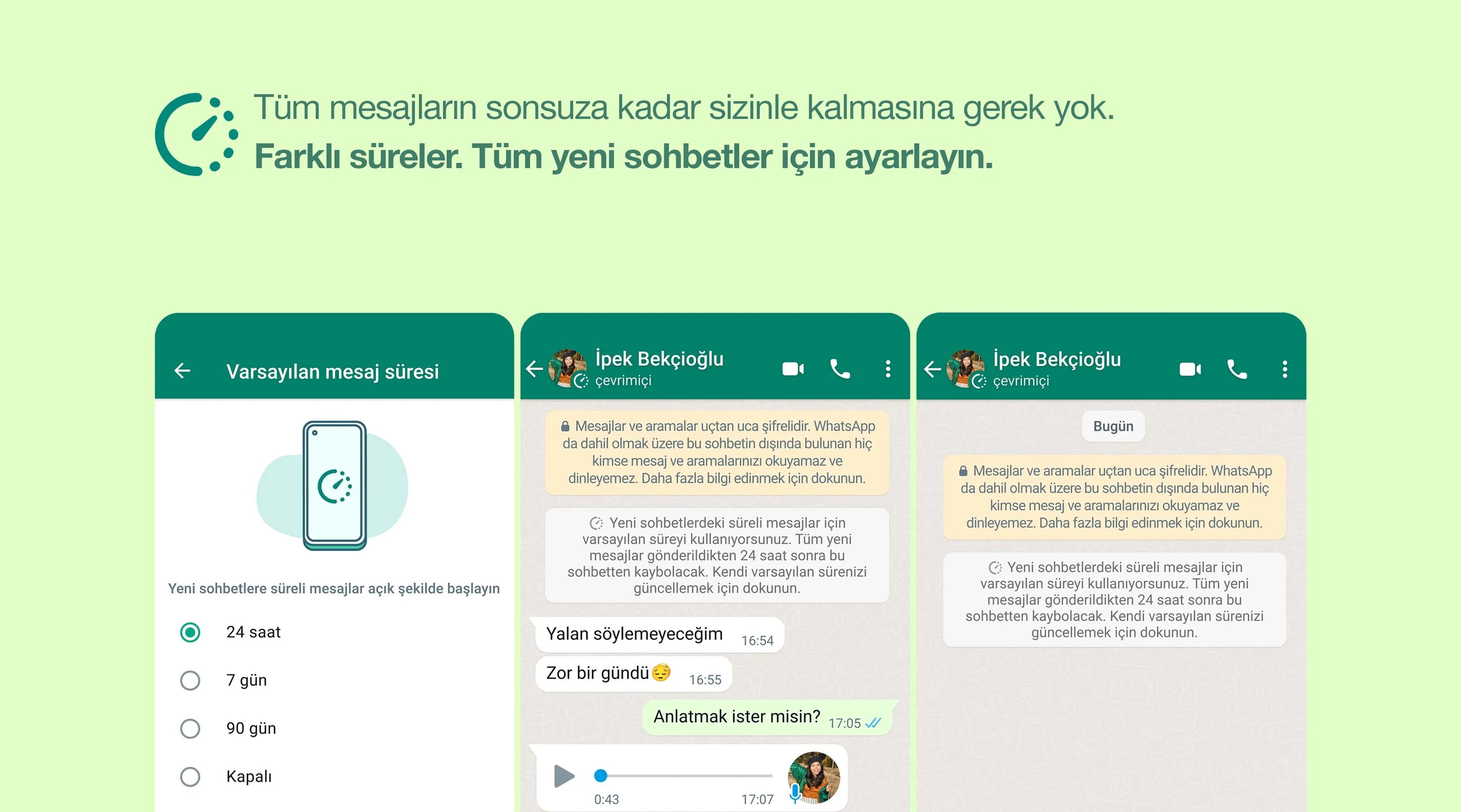 WhatsApp süreli mesajlara iki yeni süre seçeneği eklendi