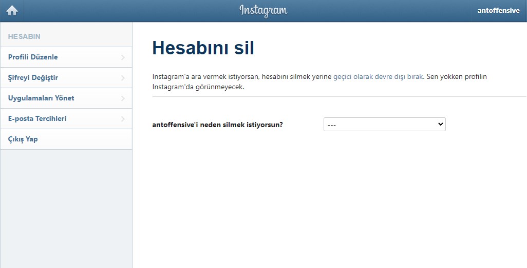 instagram hesap kapatma nedeni ekranı