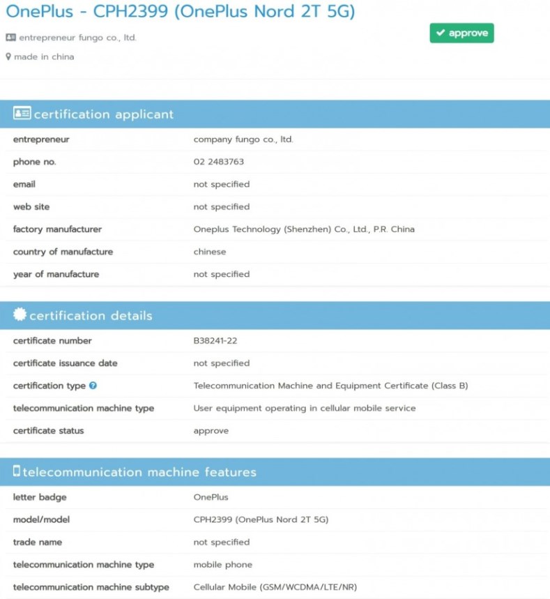 OnePlus Nord 2T 5G, NBTC'den onay aldı