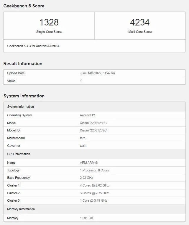 Xiaomi 12S Geekbench'te göründü: Snapdragon 8+ Gen 1 ile geliyor