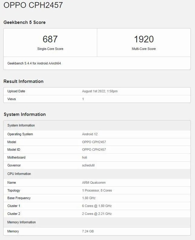 OPPO Reno 8Z 5G, Geekbench testinde ortaya çıktı