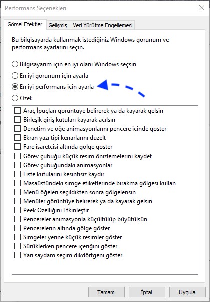 windows 10 performans seçenekleri