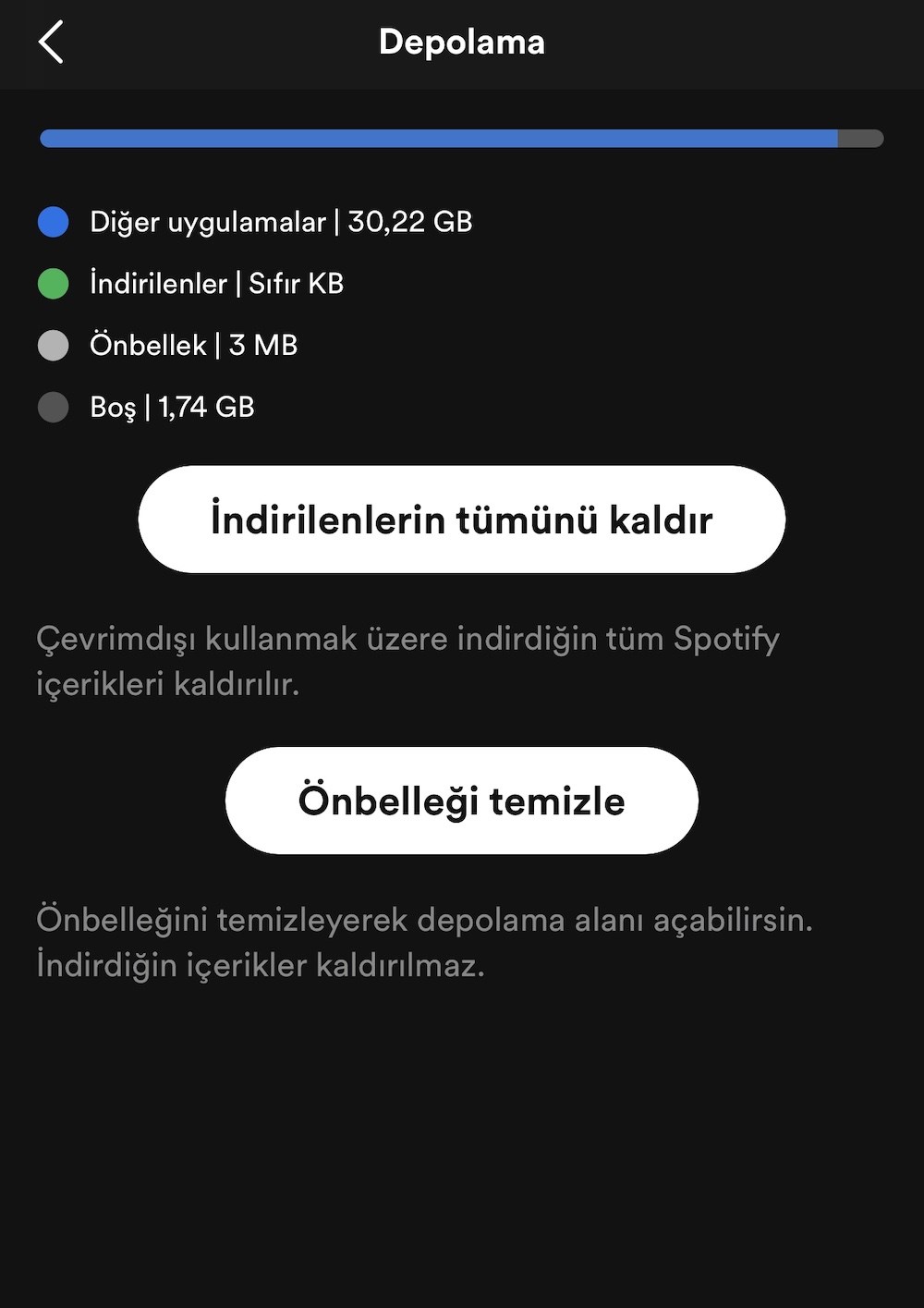 iPhone Spotify önbellek temizleme