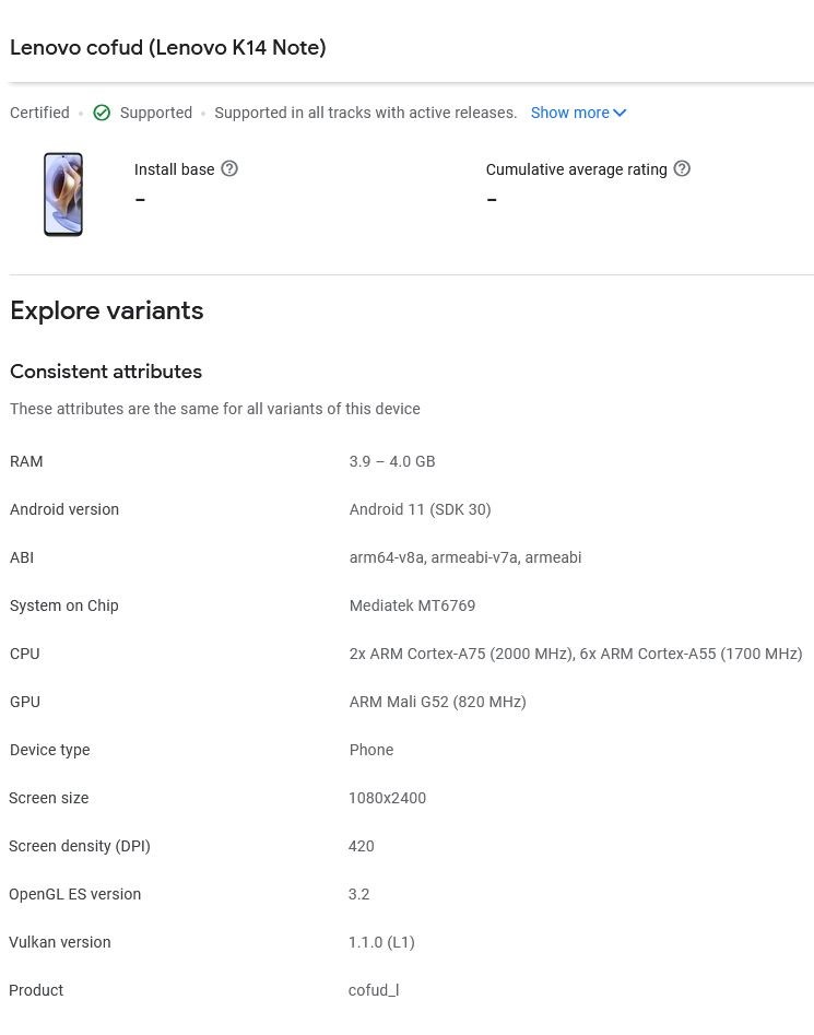 Lenovo K14 ve K14 Note, Google Play Console'da görüntülendi