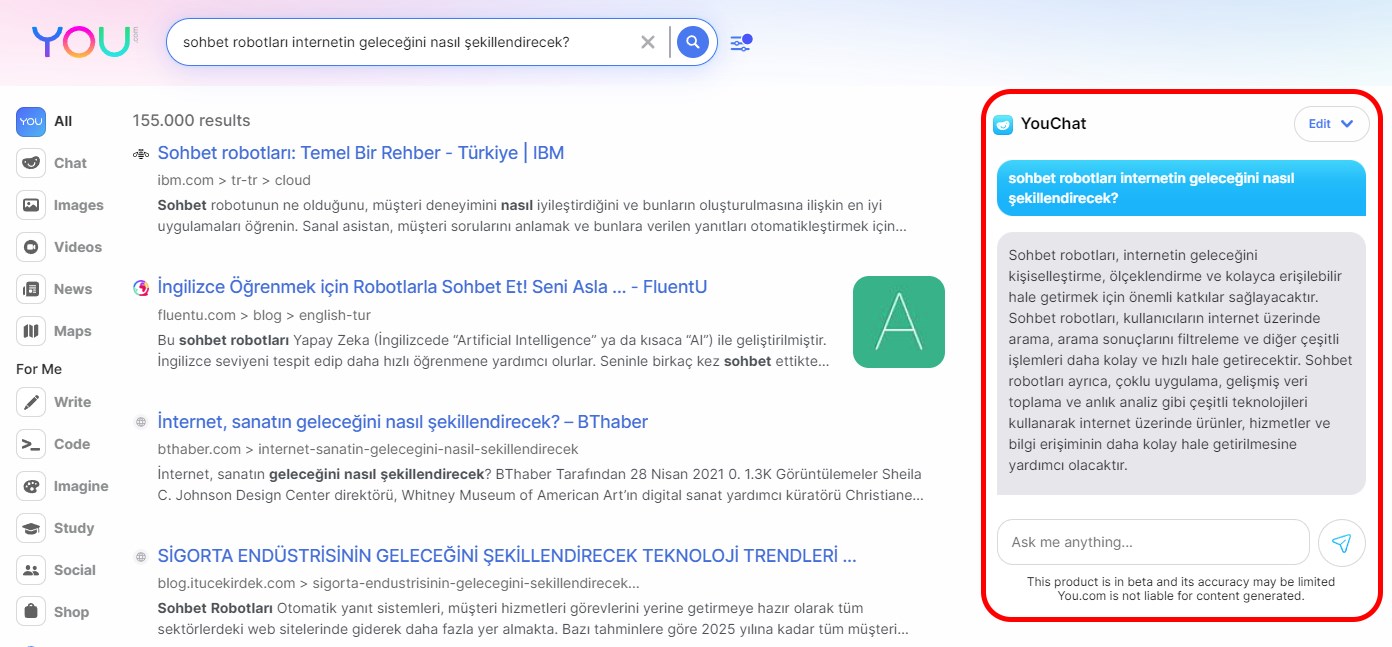 You.com artık aramada ChatGPT tarzı bir sohbet robotu sunuyor