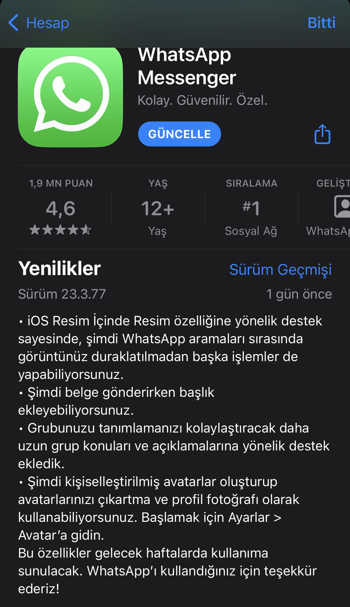 whatsapp güncelleme