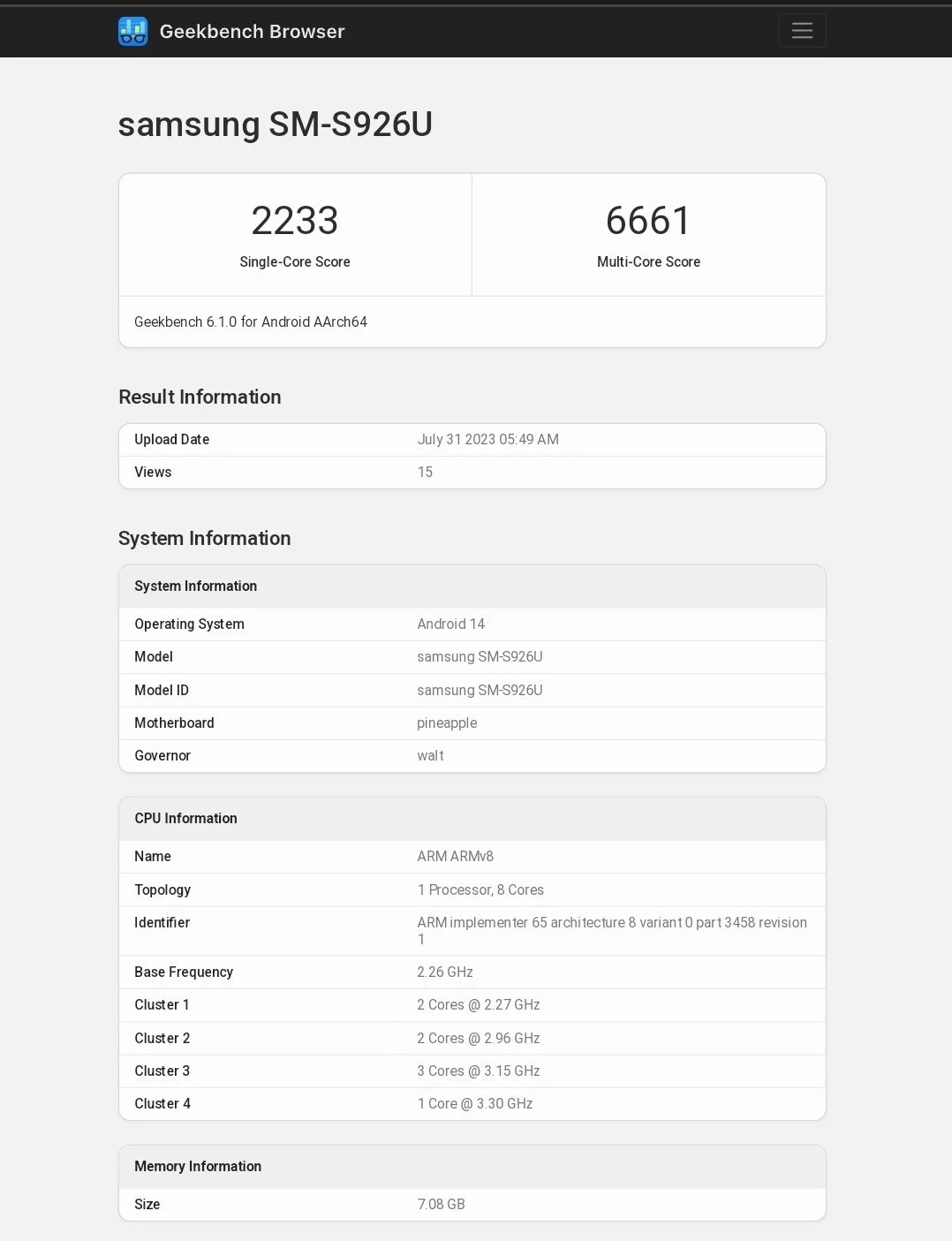 Samsung Galaxy S24 Plus Geekbench test puanı