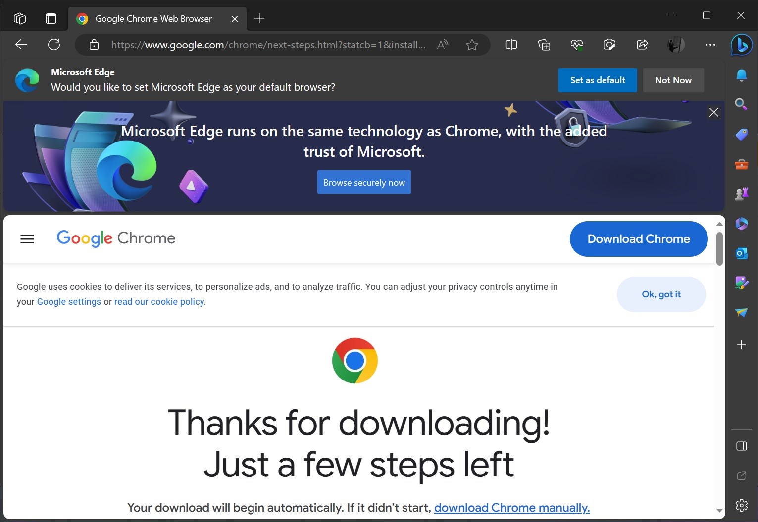 Edge tarayıcısı Chrome kurulum dosyasını virüs olarak tanımladı