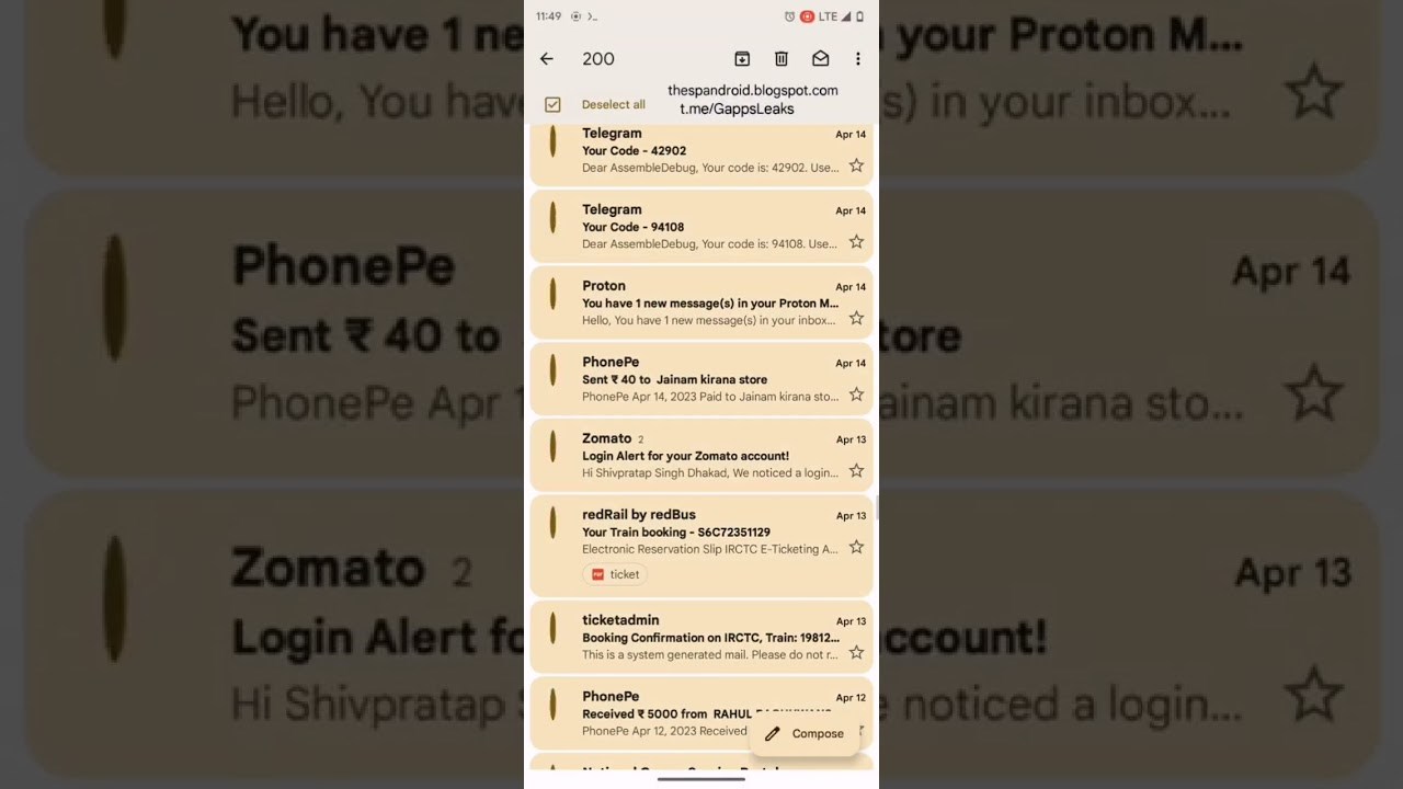 Gmail uygulaması toplu mail silme tümünü seç