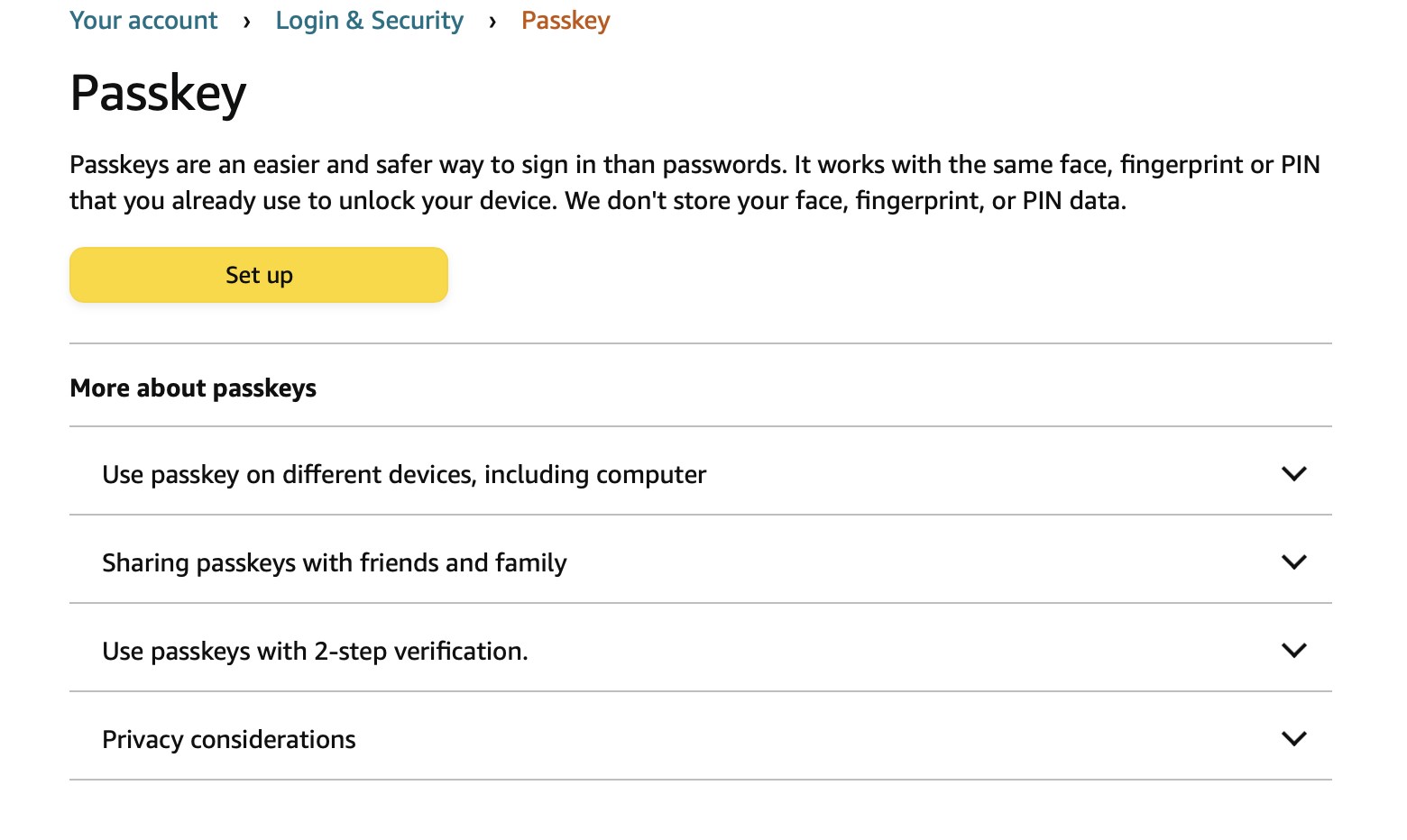 amazon passkey şifresiz giriş