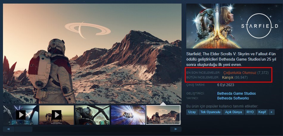Starfield’ın yeni kullanıcı yorumları artık çoğunlukla olumsuz