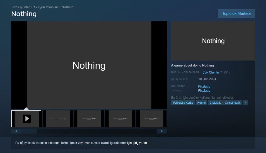 Hiçbir şey yapmama oyunu Steam'de yüksek puan aldı