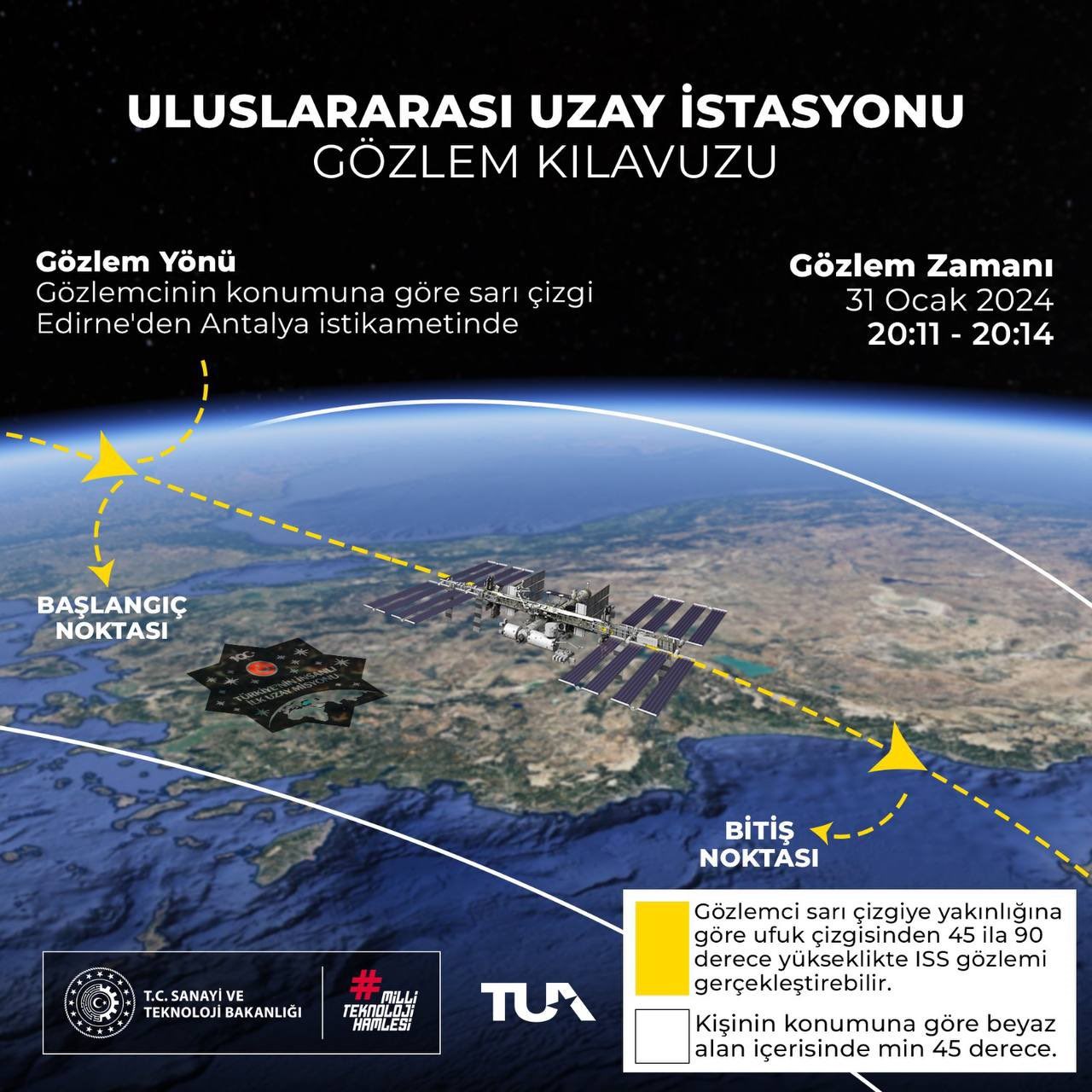 TUA'dan paylaşım: 'ISS bugün Türkiye’nin üzerinden geçecek'